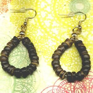 Boho Ethnic Looped Brown Wood 2" Drop Dangle Hook Earrings